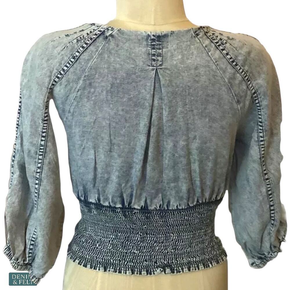 NEW Zenana Acid Wash Smocked Waist Puff Sleeve Denim Style Crop Top Modern Boho‎ - Picture 14 of 16